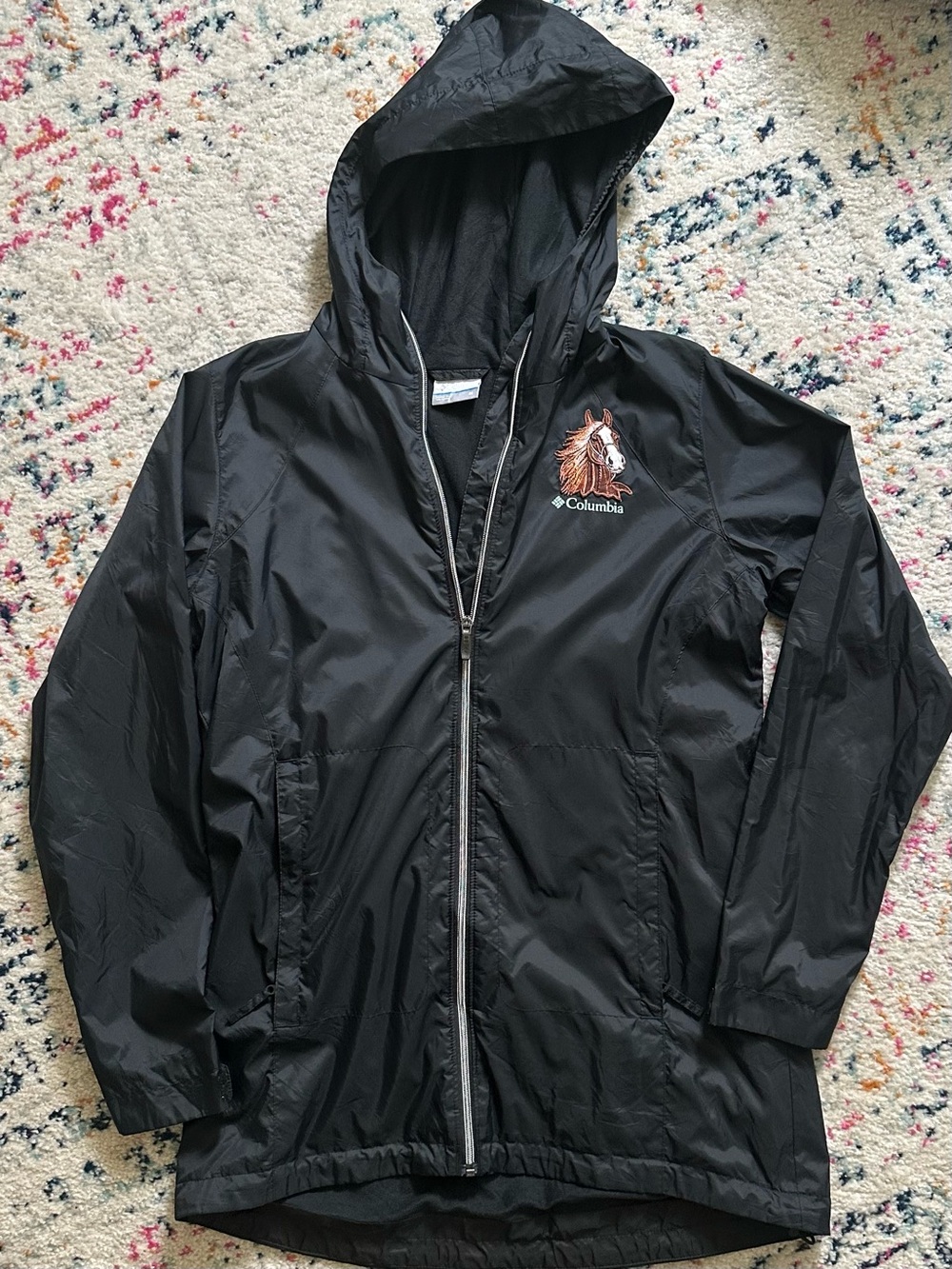 Columbia Black Hooded Windbreaker Jacket with Horse Embroidery